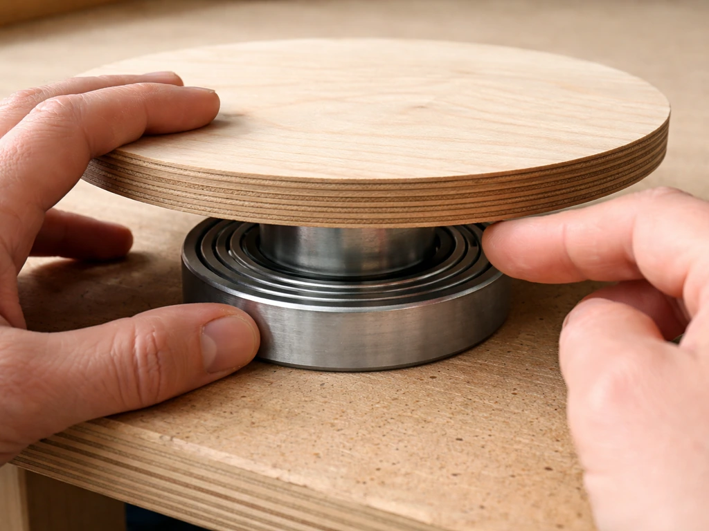 Close-up of a centered lazy Susan bearing and perch ring with a hand flick test for smooth spin.