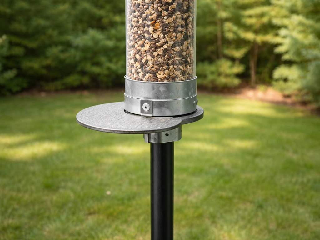 A spinning squirrel feeder mounted on a stable pole, with the perch positioned for squirrels to reach food safely.