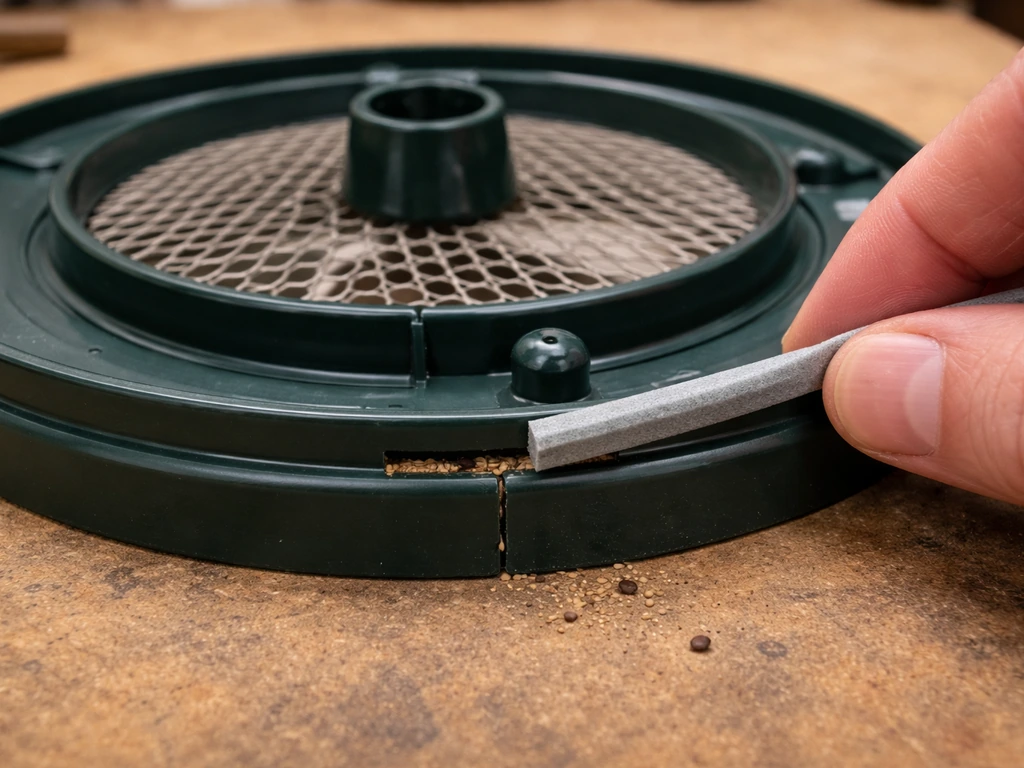 Close-up of a squirrel feeder spin ring gap sealed with gasket/weatherstripping to stop seed leaks.
