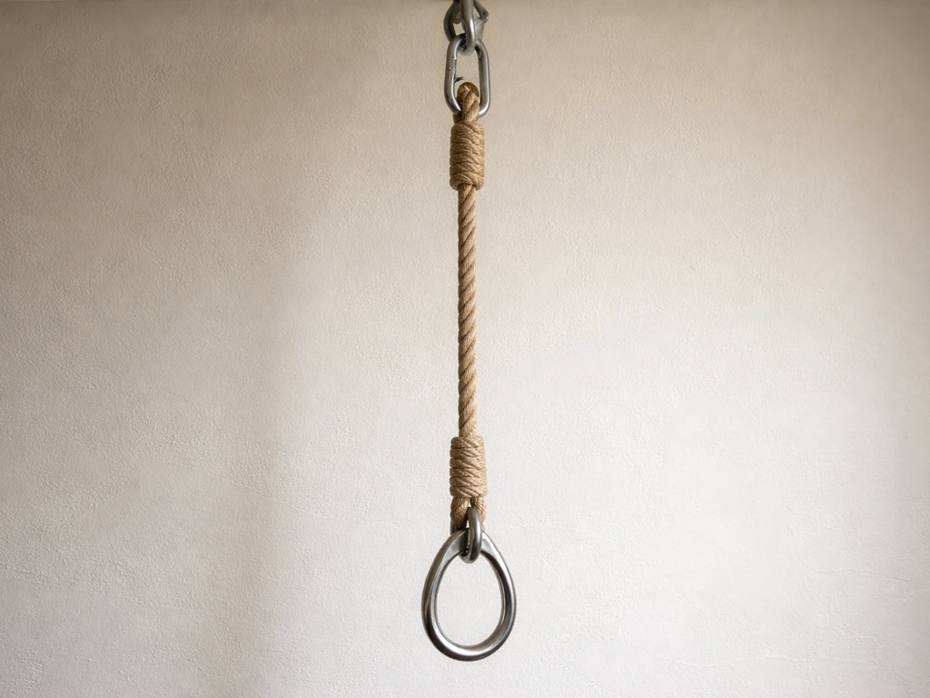 Close-up of a single-point rope drop setup with rope anchored above and a hanging feeder loop.