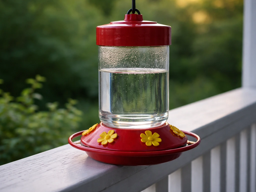 Clear sugar water in a hummingbird feeder on a porch railing with soft plants in the background.