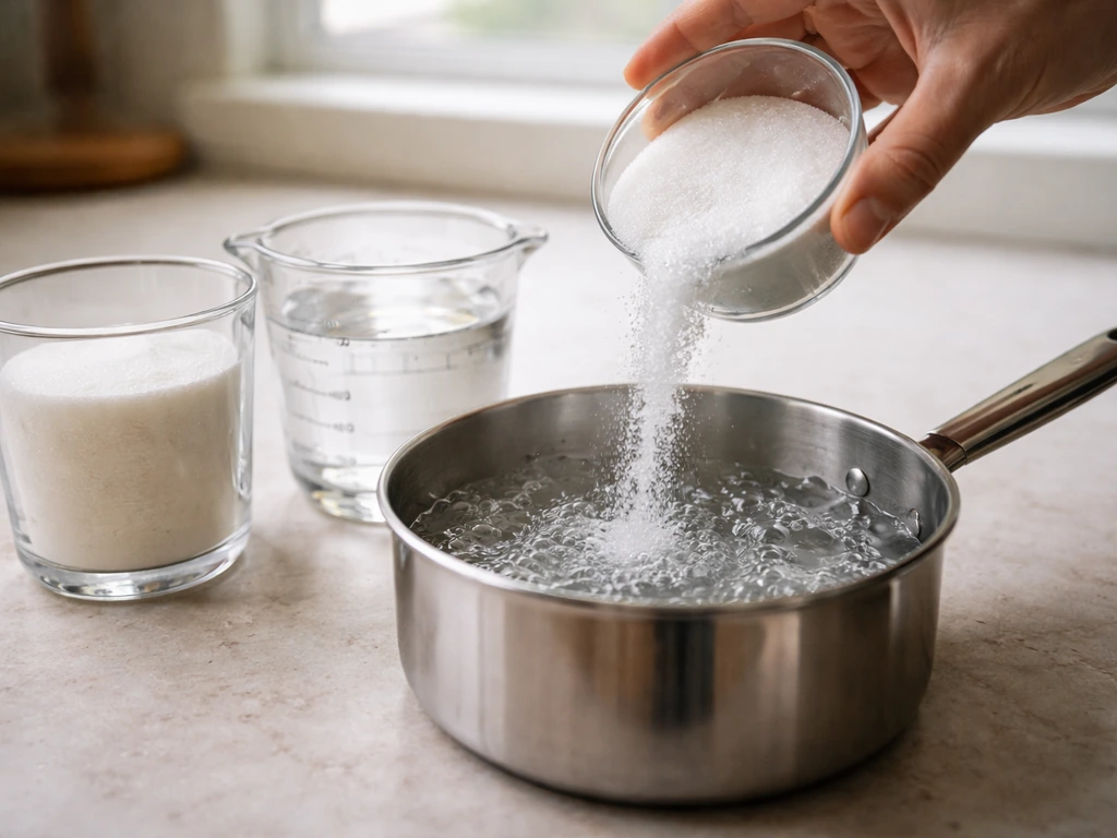 Hands measure sugar and pour it into simmering water in a small saucepan for 1:4 nectar ratio.