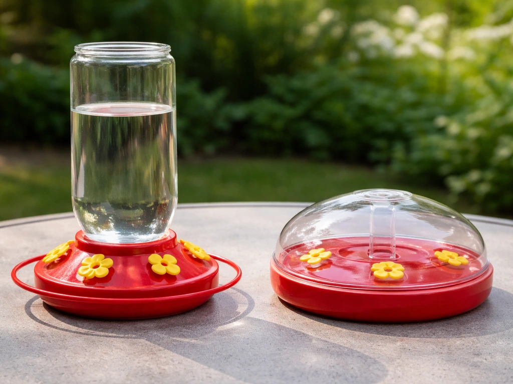 Two hummingbird feeder types side-by-side: bottle-style on the left, saucer-style dome on the right.