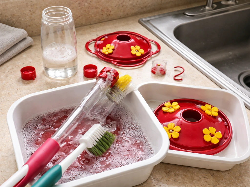 Disassembled nectar feeder parts soaking and being scrubbed on a clean kitchen counter
