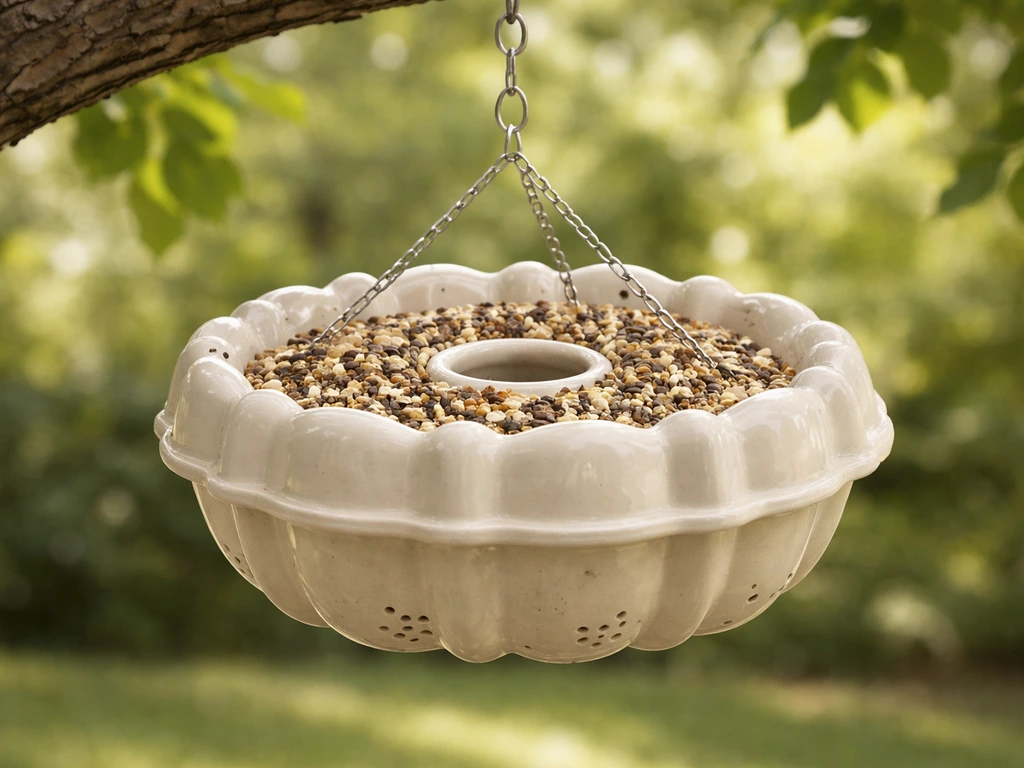 Completed bundt pan bird feeder hanging from a tree branch with seed-filled ring feeding surface