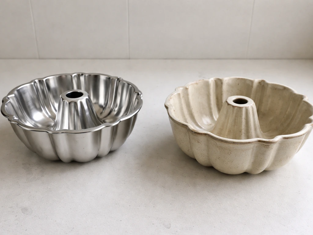 Side-by-side stainless-steel and glazed ceramic bundt pans on a kitchen counter, highlighting material differences.