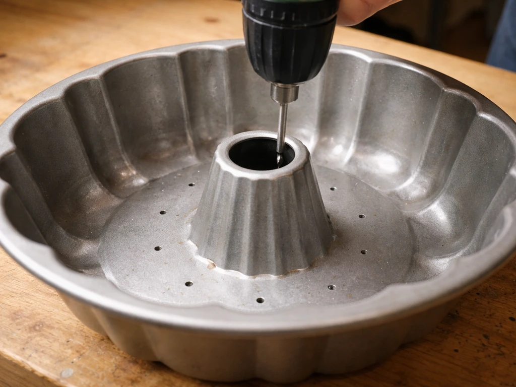 Close-up of a bundt pan on a wooden bench as a drill starts adding drainage holes and dots.
