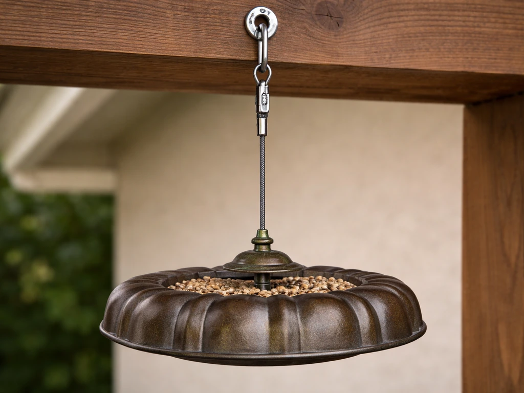Secure bundt feeder hanging straight on a tensioned wire/rod through the center tube.