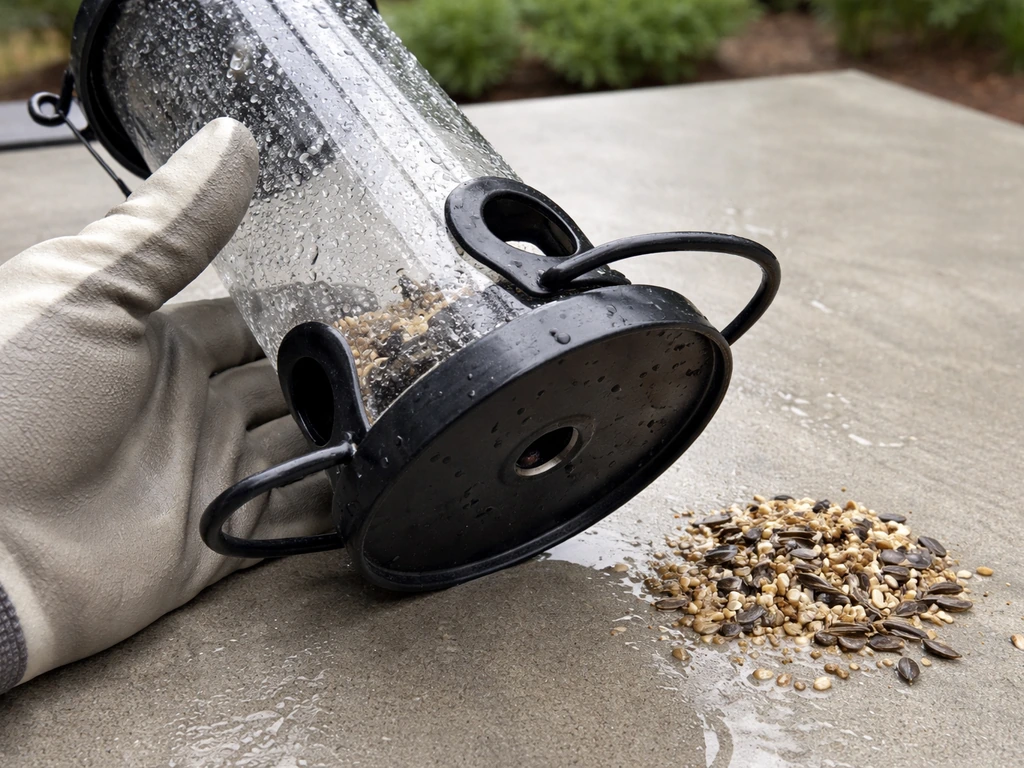 Freshly cleaned bird feeder on a table with visible hulls removed and a quick check of the drainage hole
