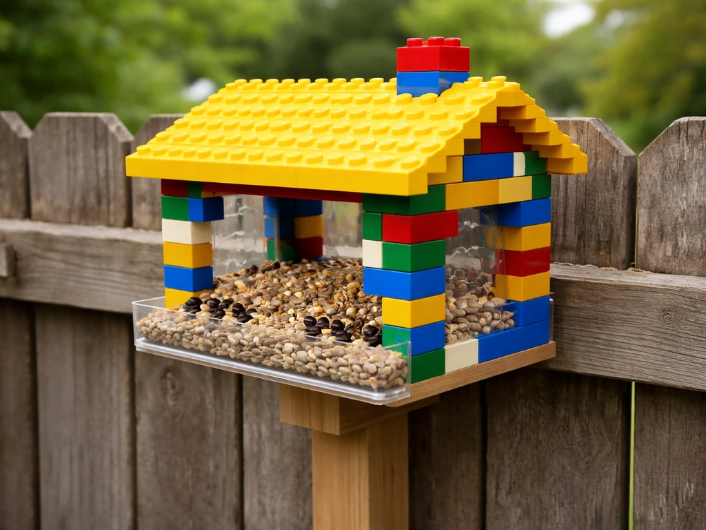 Finished LEGO bird feeder on a backyard fence with visible seed tray and front access openings.