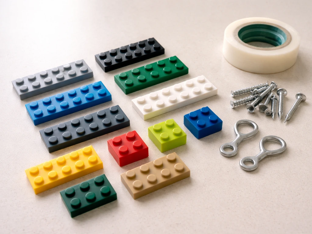 Close-up of LEGO flat plates and bricks arranged next to a small bag of screws and weatherproofing hooks.