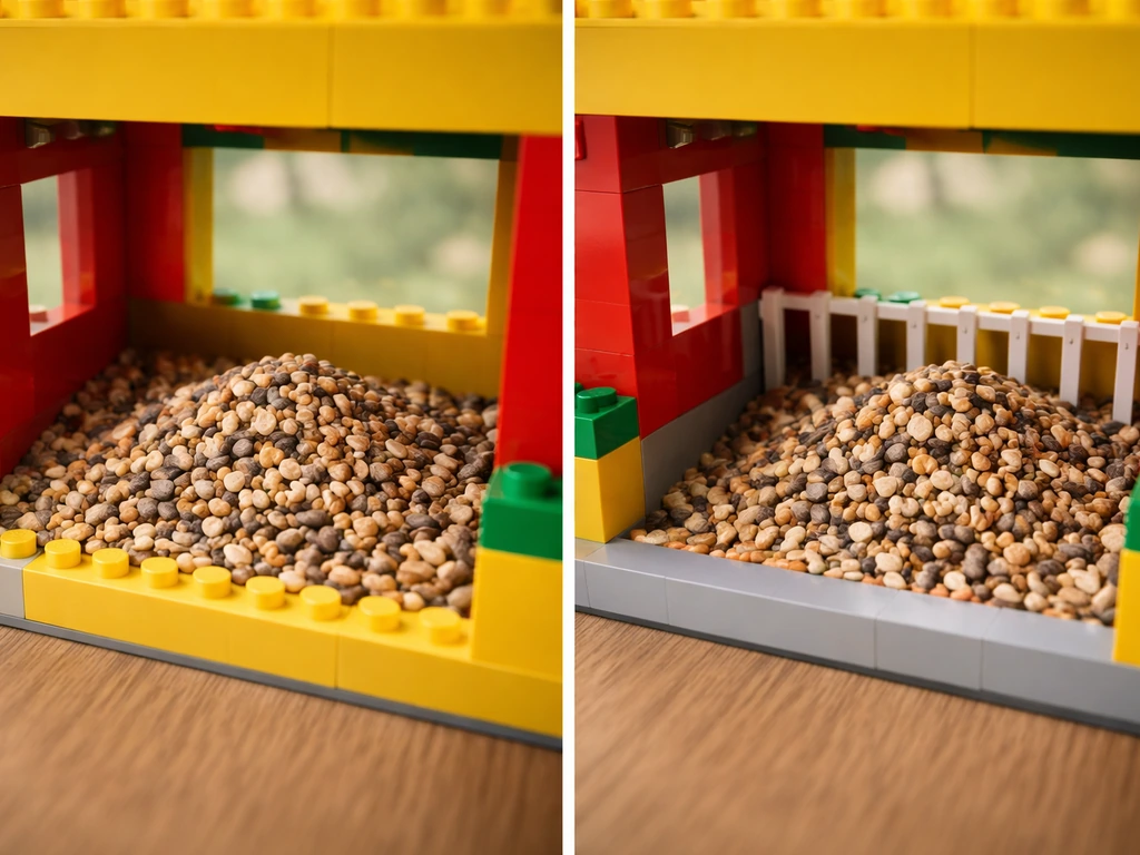 Close-up of a LEGO-style bird feeder interior with a sloped seed bed and fence openings for access.