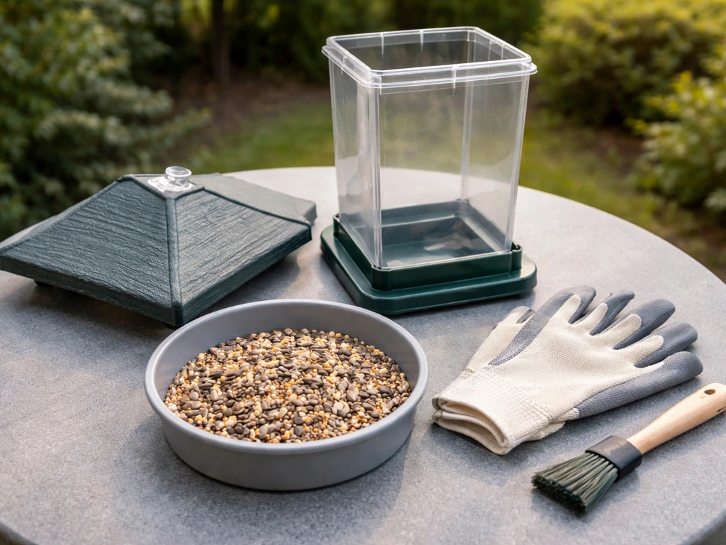 Disassembled bird feeder with roof removed; seeds emptied into a container, gloves and tools nearby.