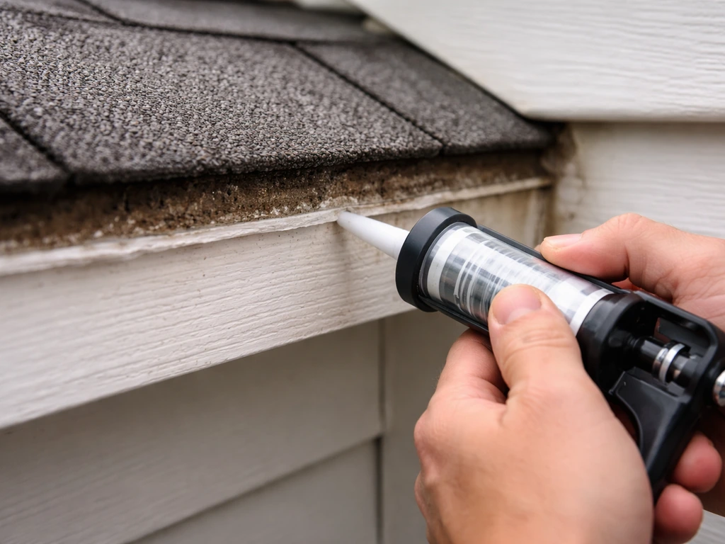 Close-up of hands inspecting and reapplying clear RTV silicone at roof-to-wall seam to prevent leaks