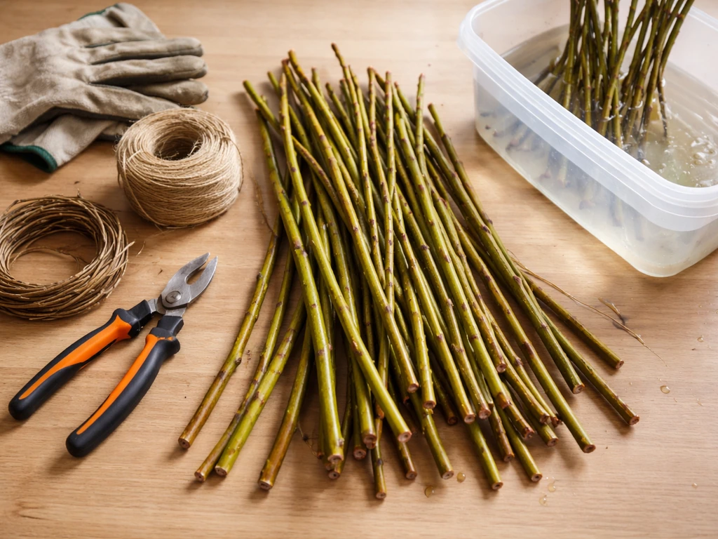 Top-down view of willow rods drying beside twine, wire cutters, gloves, and a soaking container.
