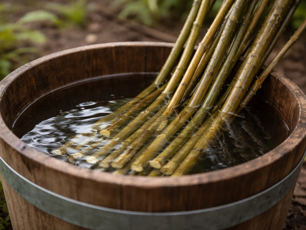 Fresh willow rods soaking in a bucket of water, trimmed ends and water ripples in close-up.