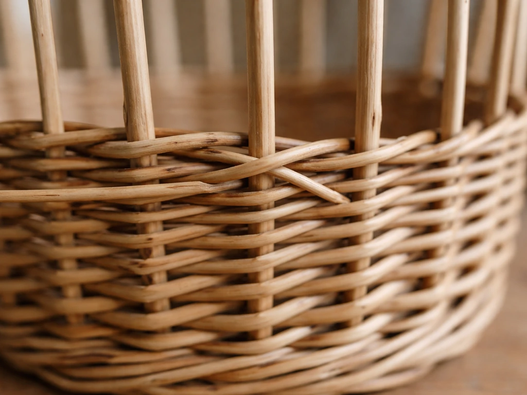 Close-up of a woven basket wall with a thin rod interlaced over-under across stakes