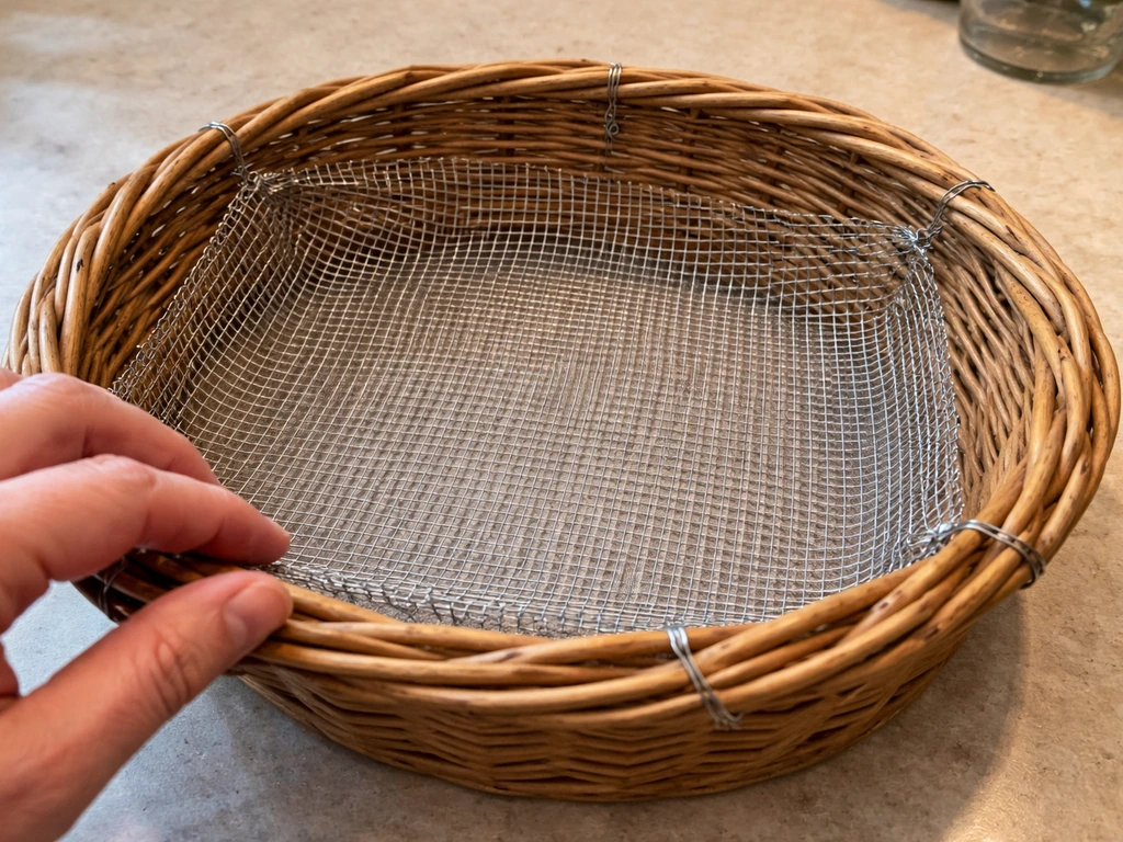 Fine mesh liner fitted inside a woven basket with small wire twists securing the edges.