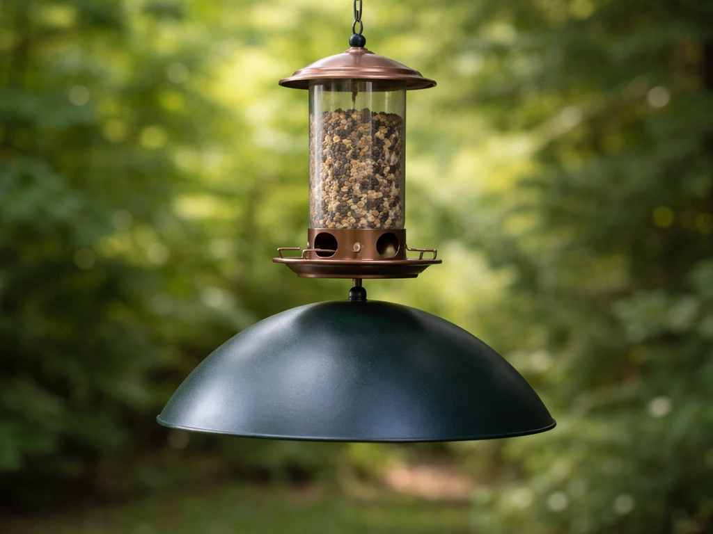 Close-up of a hanging bird feeder with a metal squirrel baffle installed below it outdoors.