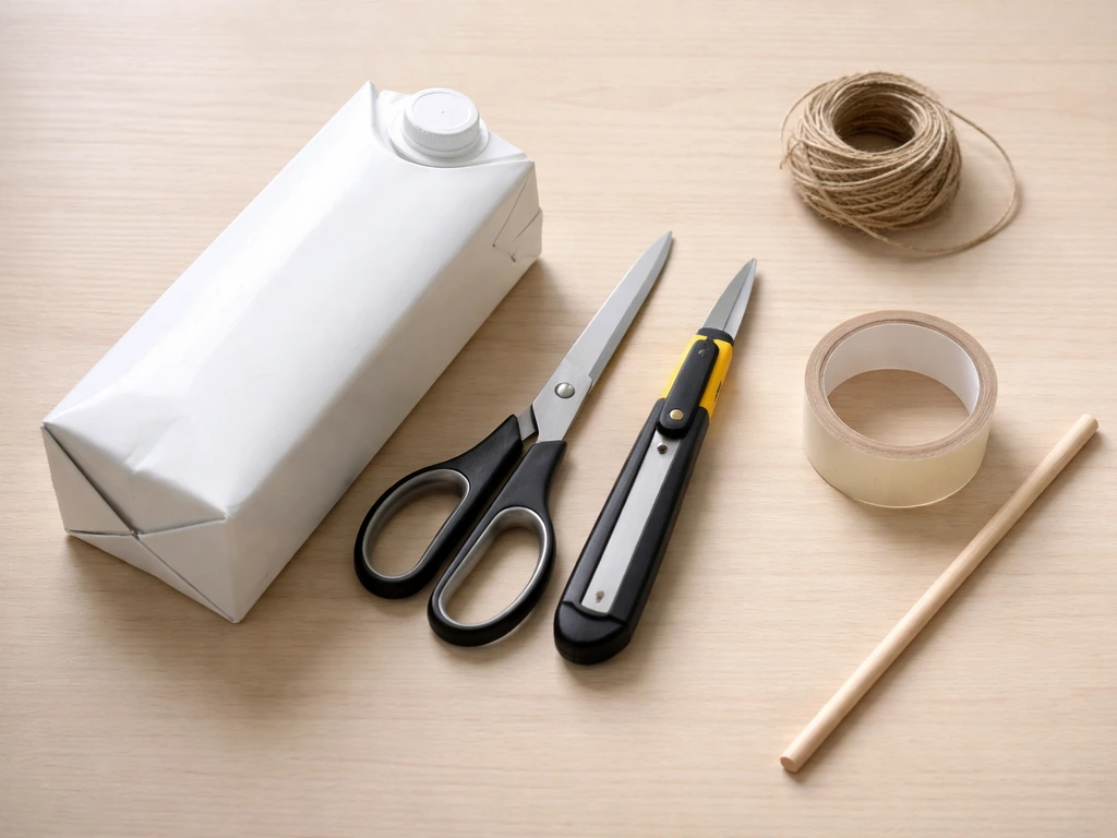 Minimal tabletop layout showing a clean Tetra Pak carton, scissors, tape, and a wooden dowel for a feeder