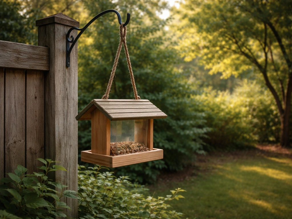 Bird feeder hanging from a sturdy hook on a garden post, about 1.5–2 meters high, near shrubs and safe cover.