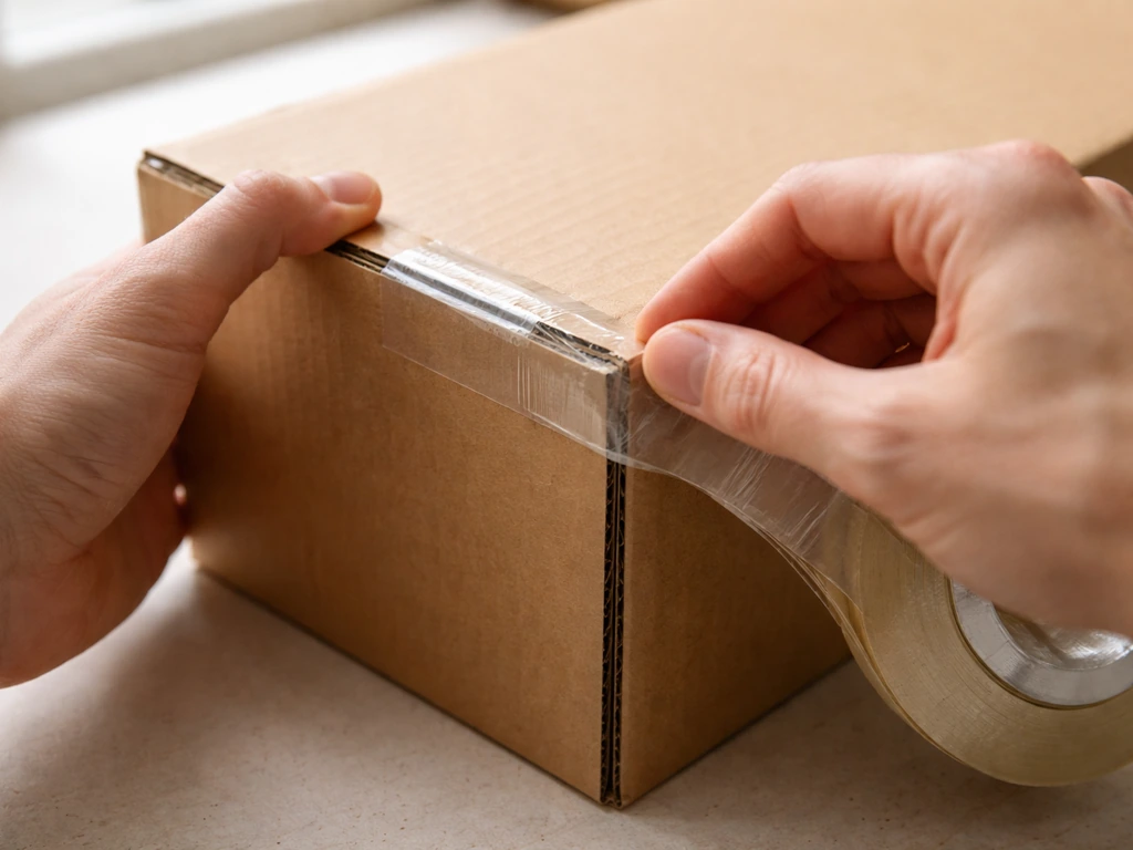 Hands sealing cut edges of a paper carton with clear waterproof tape on a workbench.