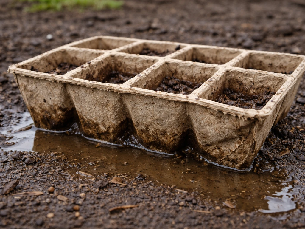 A soggy seed carton with softened bottom and visible pooling water around the base.