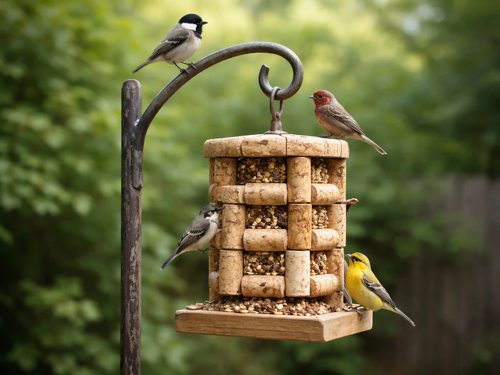 Finished wine-cork bird feeder on a shepherd’s hook outdoors with cork compartments visible and small birds perched.