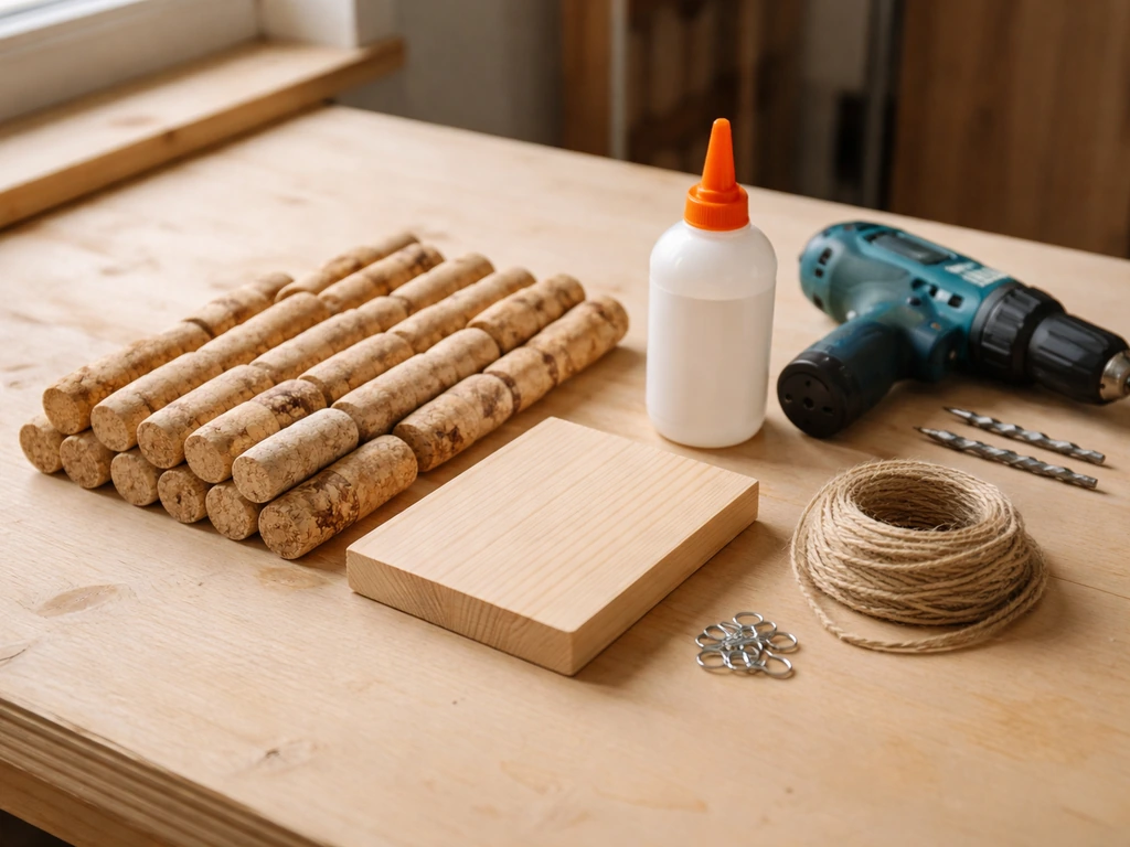 Wine-cork bird feeder supplies neatly laid out on a workbench: corks, wood base, glue, drill bits, twine