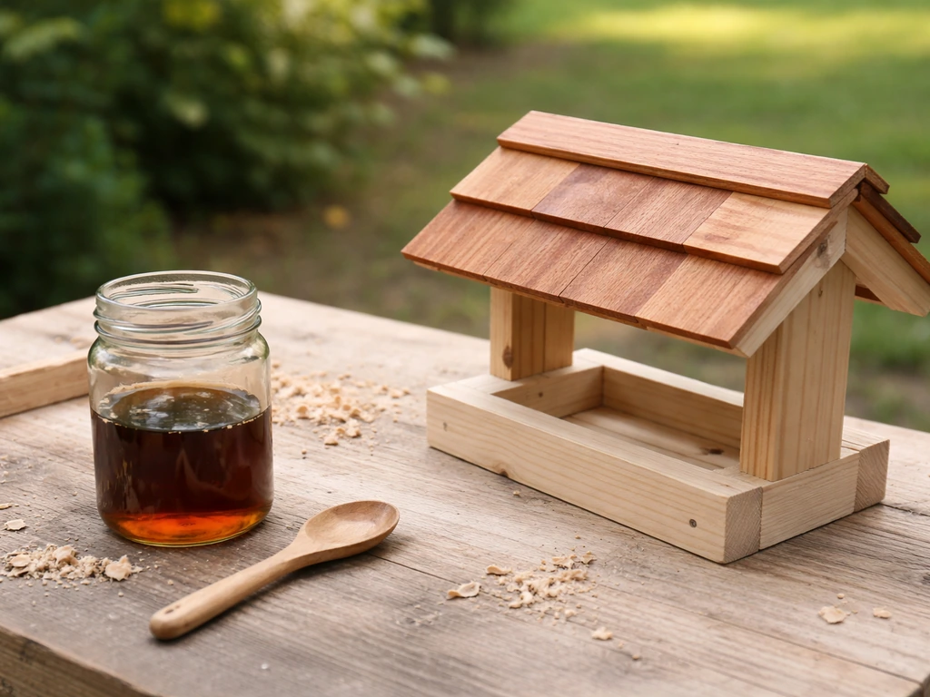 Small container of 100% pure tung oil beside a mounted mini cedar rain deflector on a wooden base