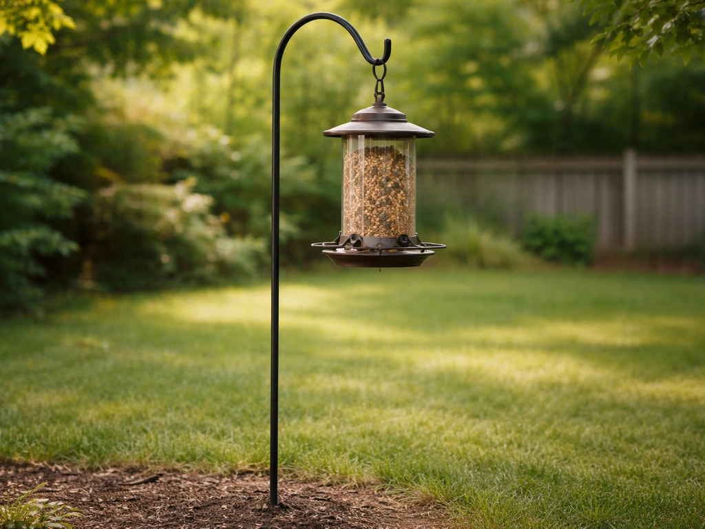 Bird feeder hanging from a shepherd’s hook, showing safe height above ground in a quiet backyard setting.