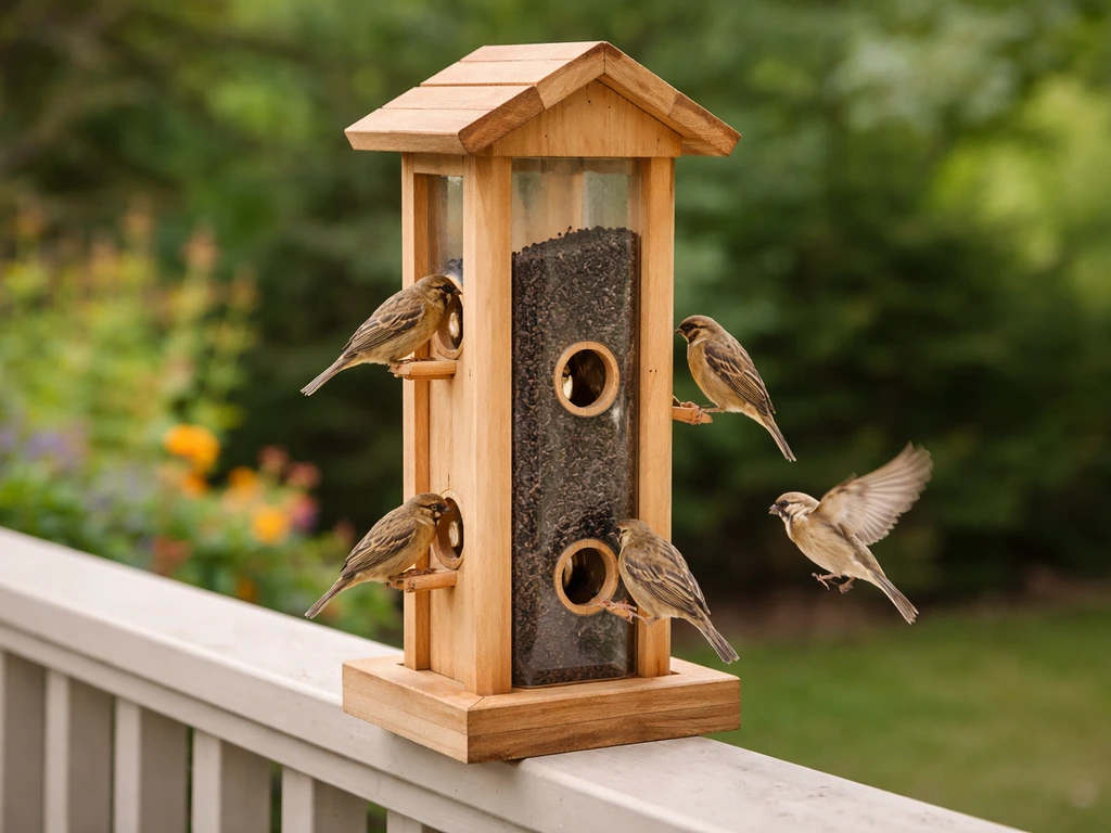 DIY finch feeder on a porch with nyjer seed while finches feed from small ports