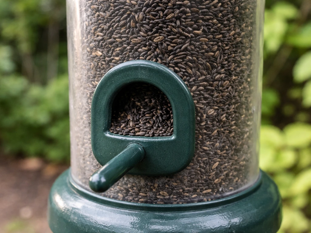 Close-up of a small feeder’s seed port filled with black nyjer/thistle seeds for finches.