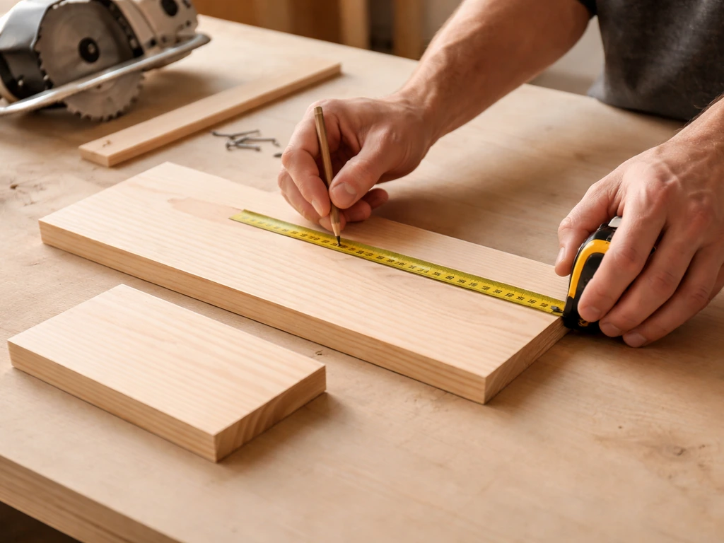 Hands measuring and cutting two wooden panels for a simple tube-style finch feeder on a workbench.