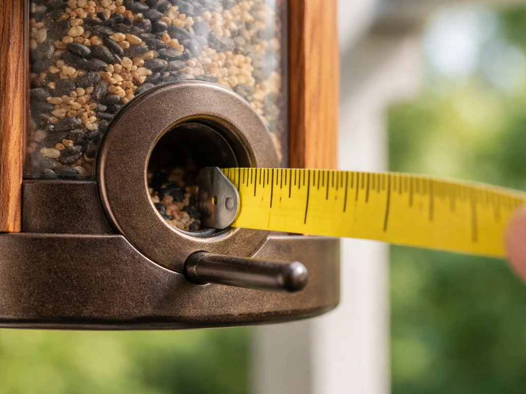Close-up of a small bird feeder port opening being measured to 3/8–1/2 inch