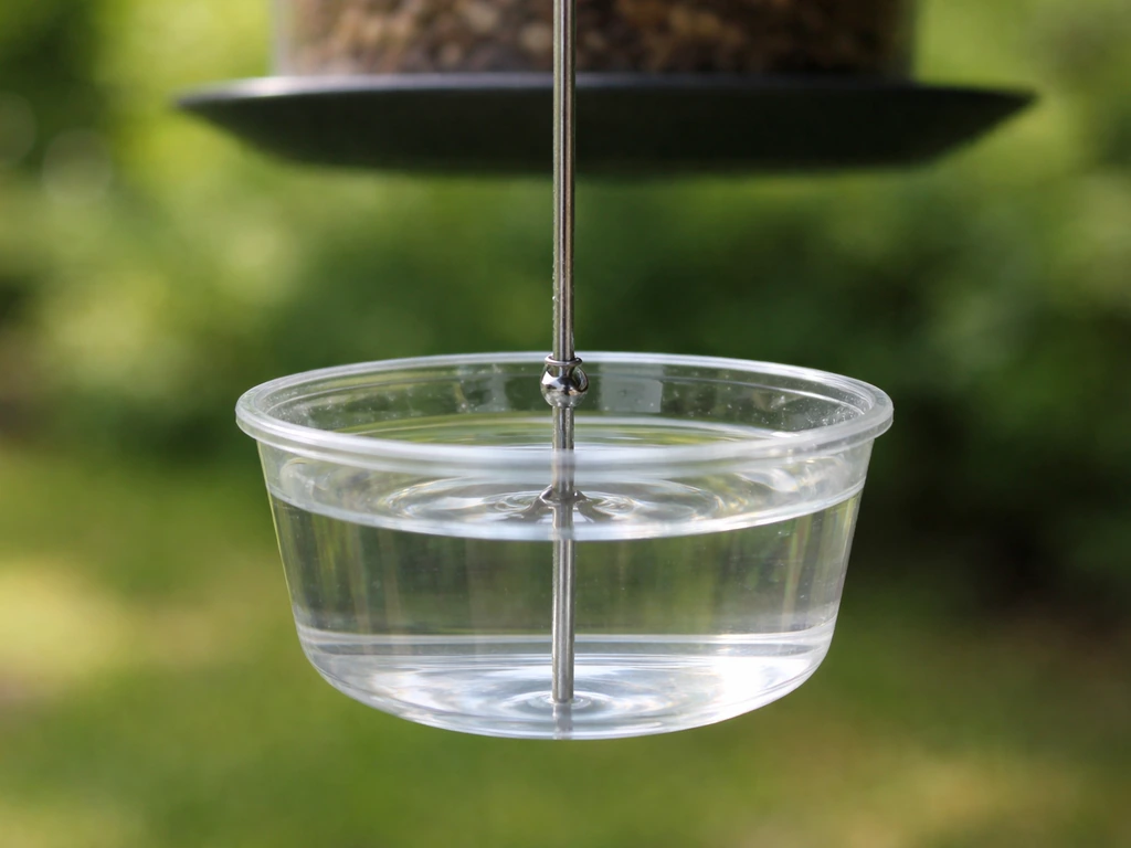 A small cup of water (ant moat) sits on a hanging wire above a bird feeder, blocking ants.