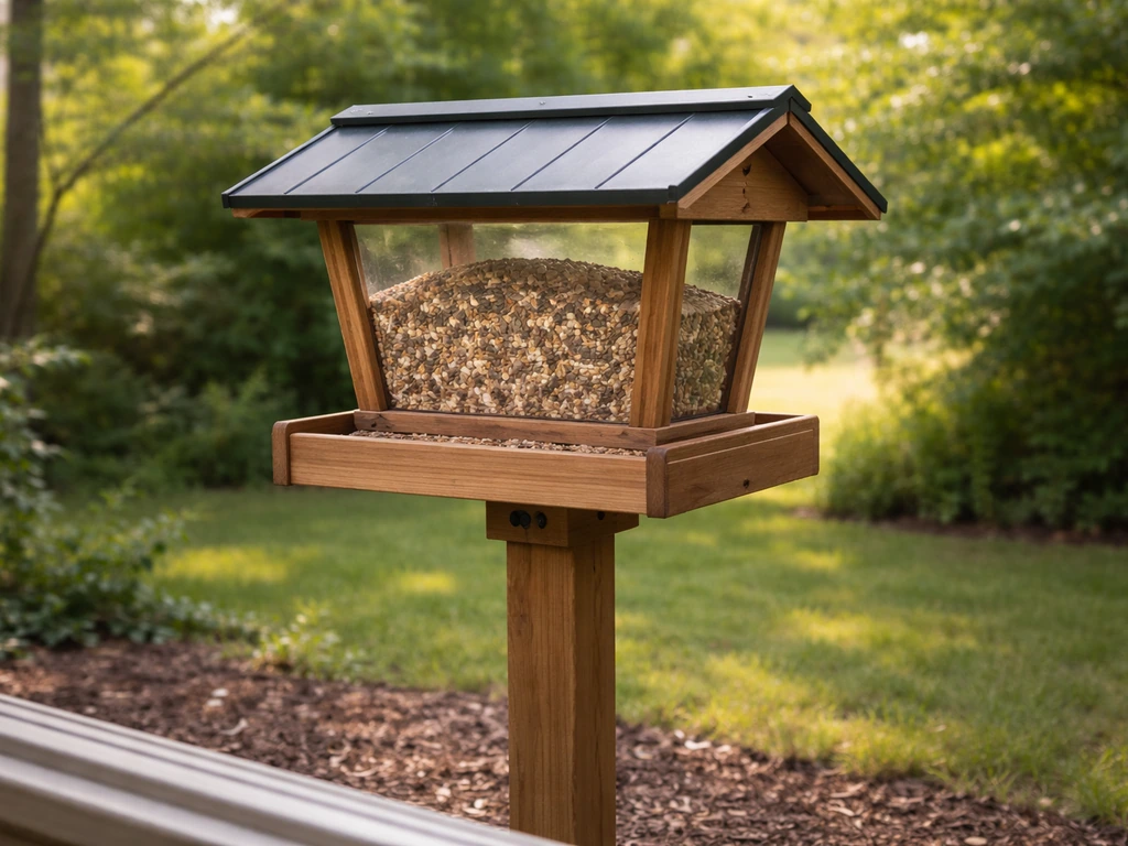 Large hopper-style bird feeder with roof cover in a backyard, seeds visible in the feeder.
