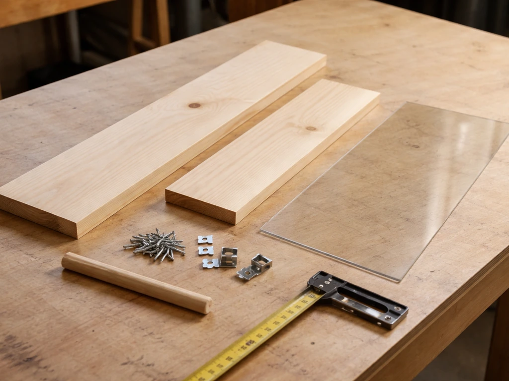 Wood boards and clear acrylic sheet for a hopper bird feeder arranged neatly on a workbench with tools.