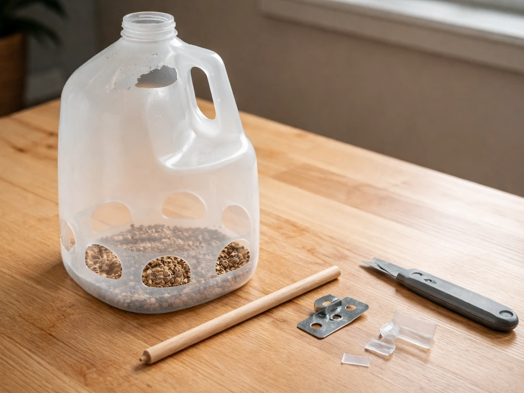Clean milk jug feeder parts laid out: cut holes, perch dowel, and tools beside the finished jug.