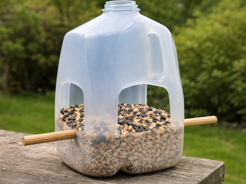 Close-up of a DIY milk jug bird feeder with multiple side holes and a simple wooden perch.