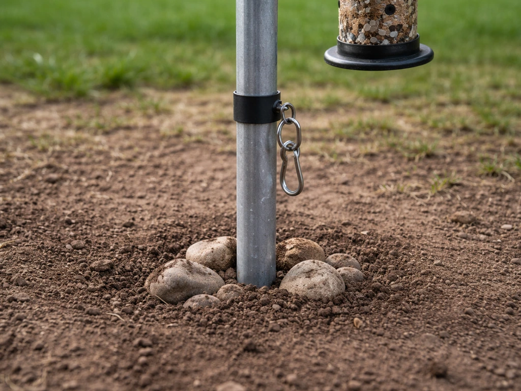 Steel shepherd’s hook pole driven into ground with a feeder hanging securely from a collar connection.