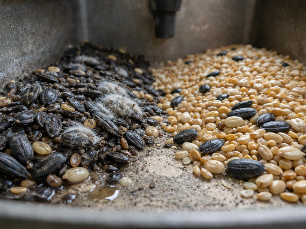 Close-up of damp, moldy bird seed in a reservoir area next to dry seed, showing a cleaning-need failure mode.