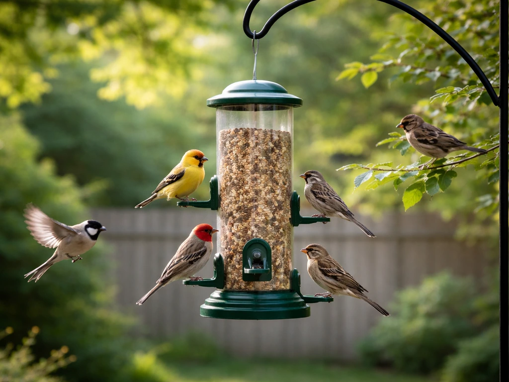 Small songbirds feeding at a finished hanging bird feeder in a backyard garden.