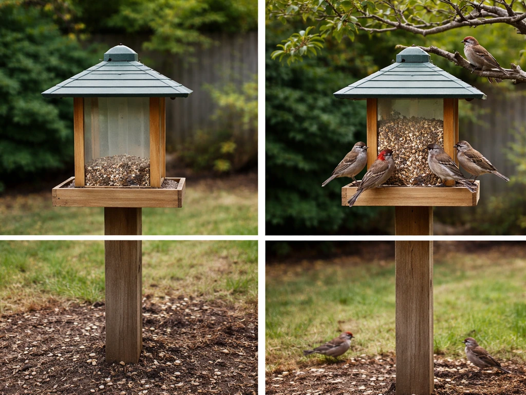Backyard before-and-after: empty feeder with no birds versus stocked feeder with birds feeding.