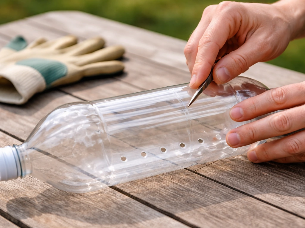 Hands prepping a clear plastic bottle by punching small holes near the bottom for a bird feeder.
