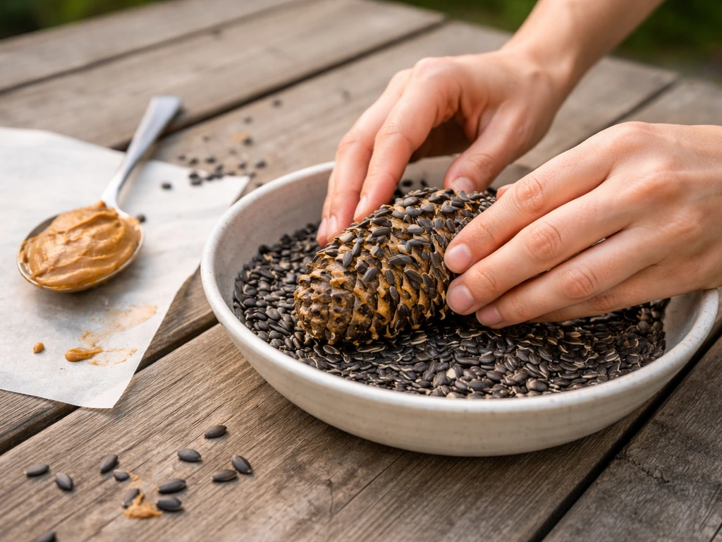 Hands making a pinecone bird feeder by rolling it in peanut butter and sunflower seeds.