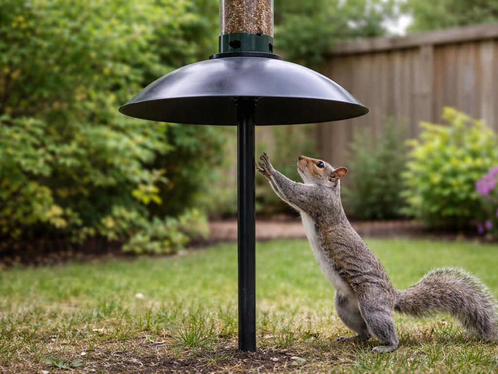 A squirrel jumping toward a garden feeder protected by a metal baffle on a pole