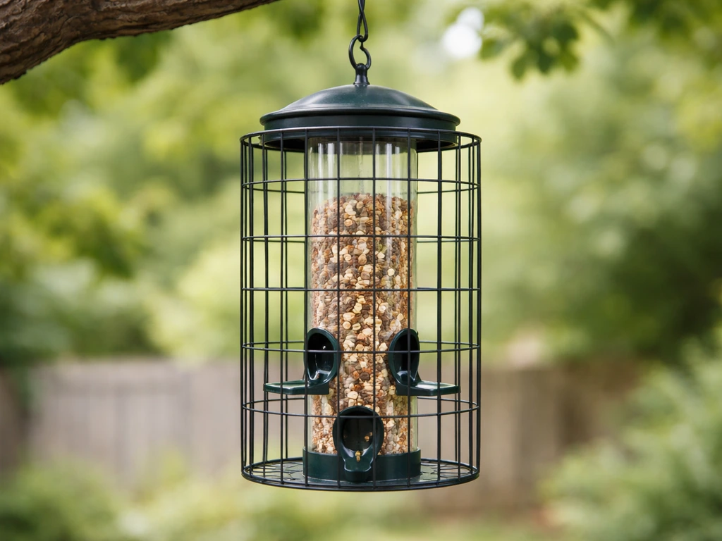 Finished wire bird feeder cage hanging outdoors with perches and seed access ports visible.