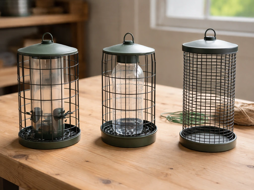 Three simple cage-style feeder setups made of tubes, wire, and mesh laid side-by-side on a workbench.