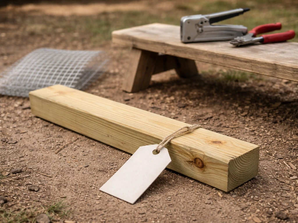 Pressure-treated lumber set aside with a blank off-limits marker, plus nearby tools and wire mesh.